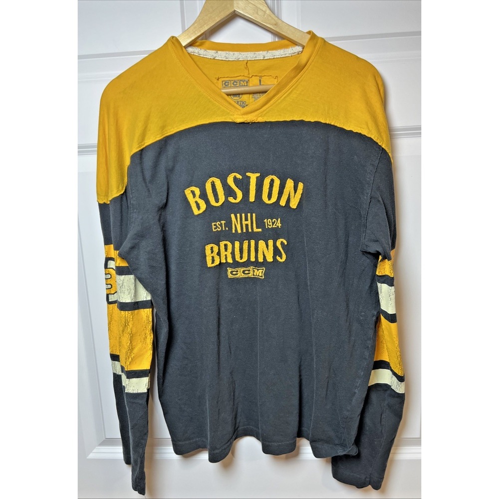CCM Bruins EST 1924 Shirt XL Reebok NHL Vintage Style Applique Heavy Knit Jersey